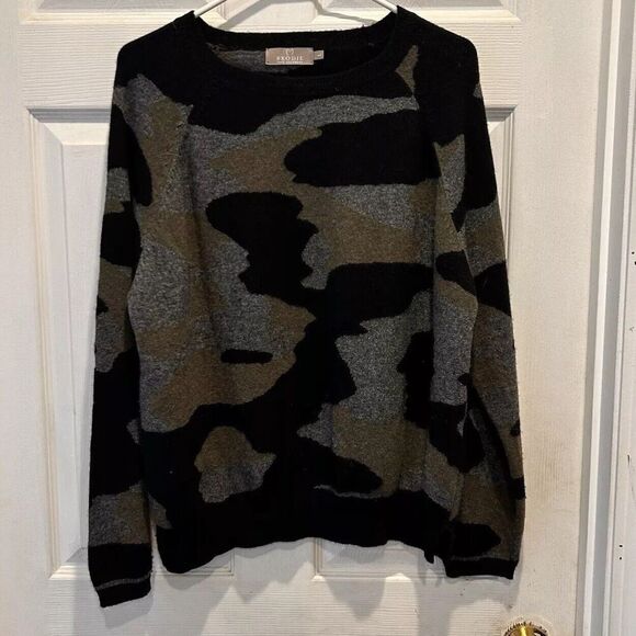 Brodie Crewneck Sweater Womens Large Grey Black Green Camouflage Cashmere - Picture 1 of 6